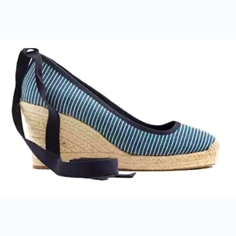 NIB J. Crew Seville Canvas Espadrille wedge ankle tie Blue & White stripes 7.5 - Picture 2 of 12